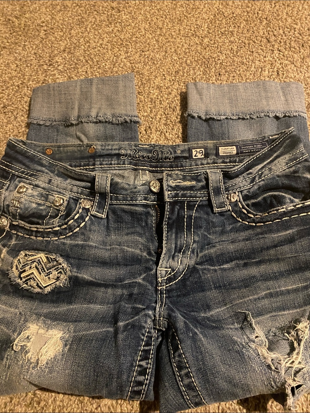 Miss Me Blue Cropped Distressed Jeans with Cuffed Hem
